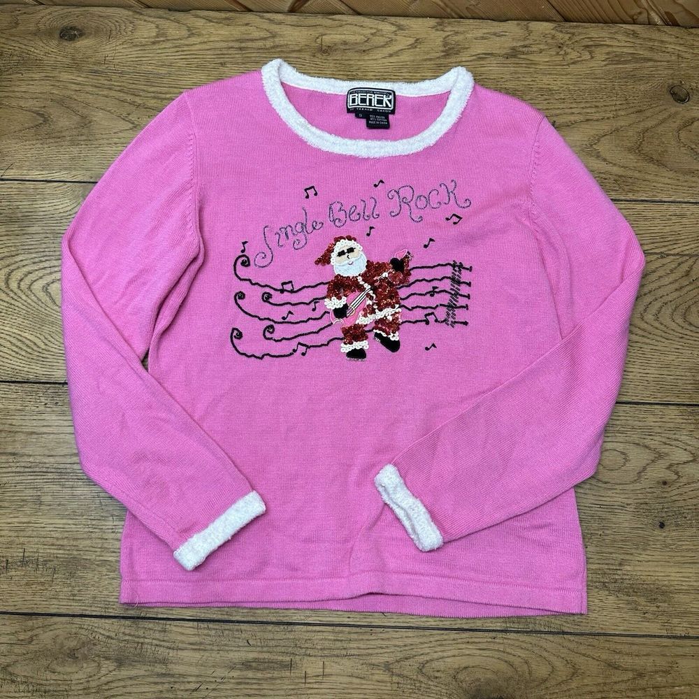 Vtg Berek Takako Sakon Christmas‎ Jingle Bell Rock Santa Sweater Women's S Pink